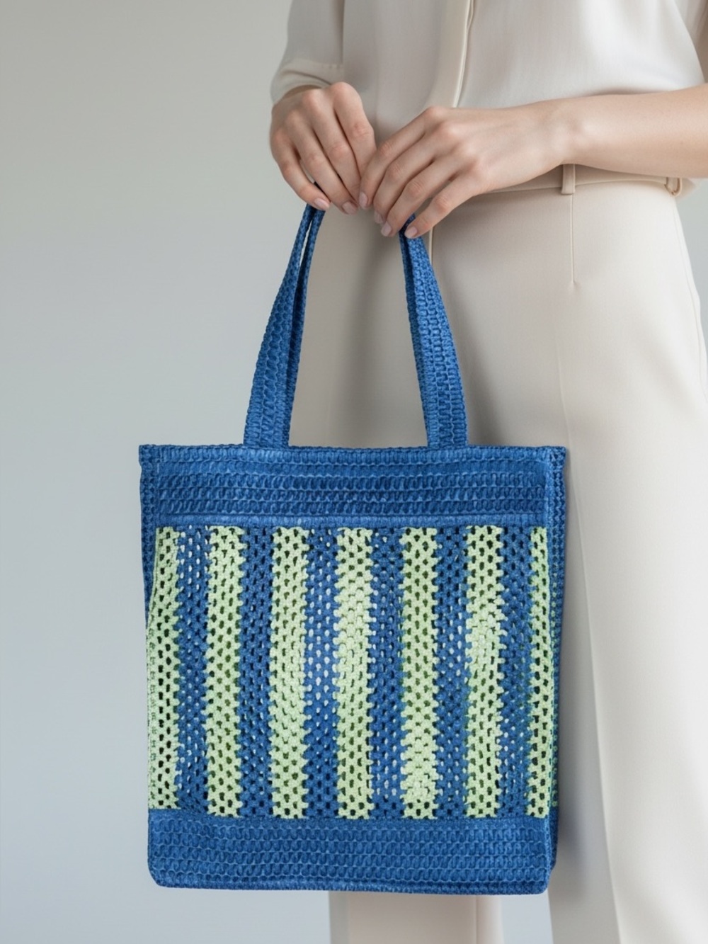 Universal Thread Straw Stripe Crochet Tote Bag Blue Green Boho